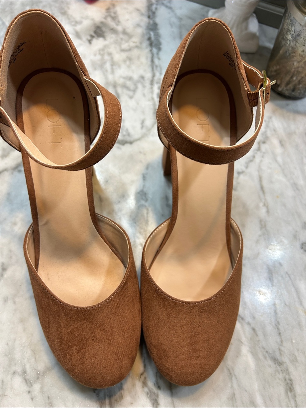 LOFT Tan Suede Ankle-Strap Block Heels